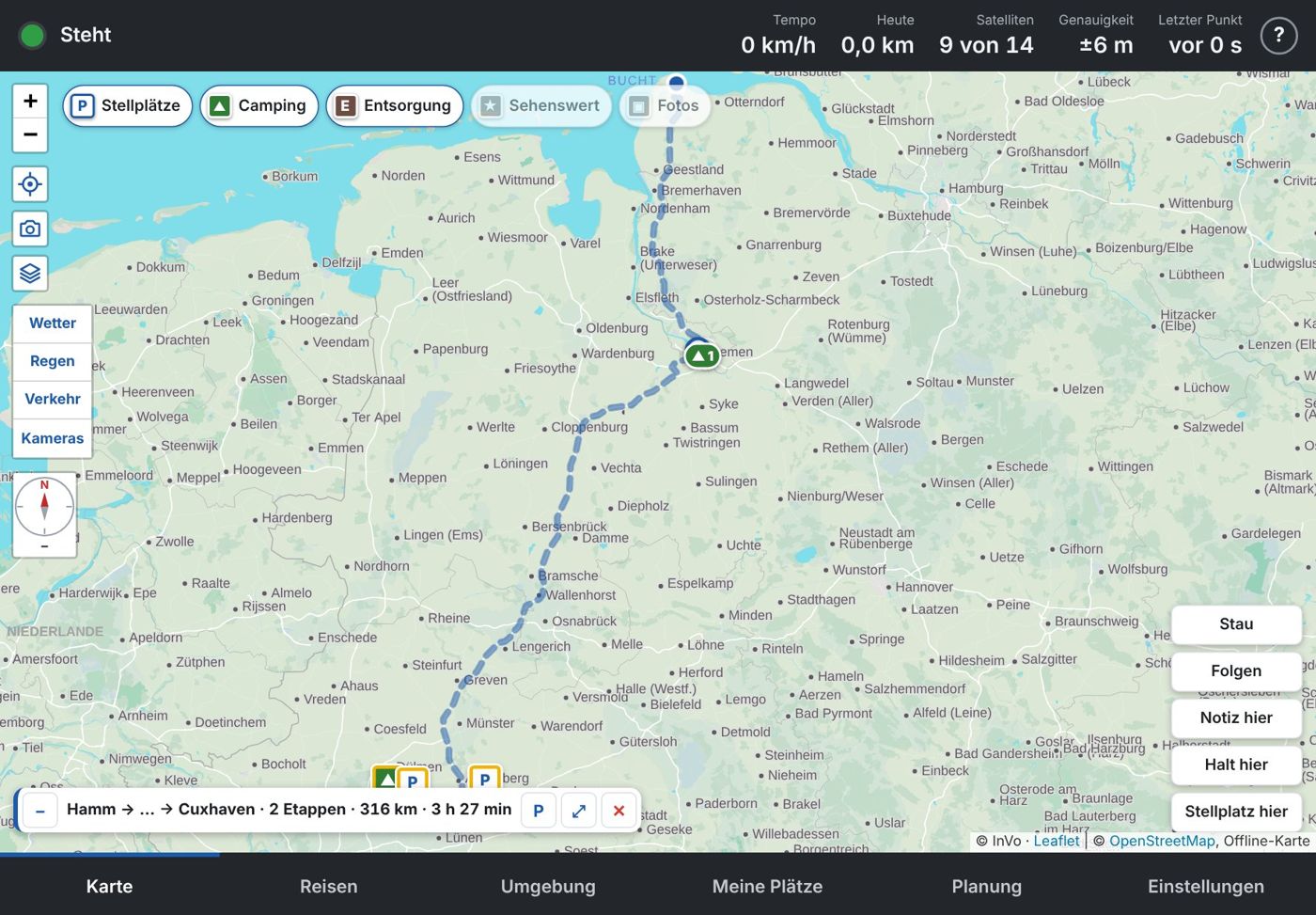 Die Karte der App mit Route, Plätzen und Statusleiste